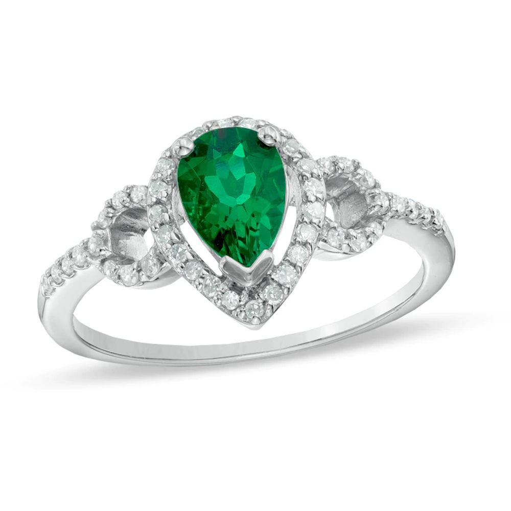 Pear-Shaped Lab-Created Emerald and White Sapphire Frame Ring in Sterling Silver|Peoples Jewellers