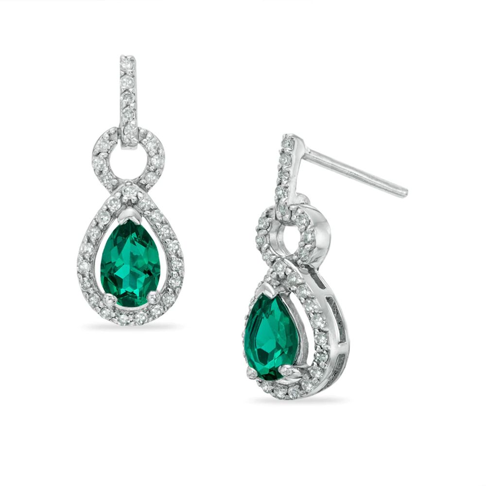 Pear-Shaped Lab-Created Emerald and White Sapphire Frame Drop Earrings in Sterling Silver|Peoples Jewellers