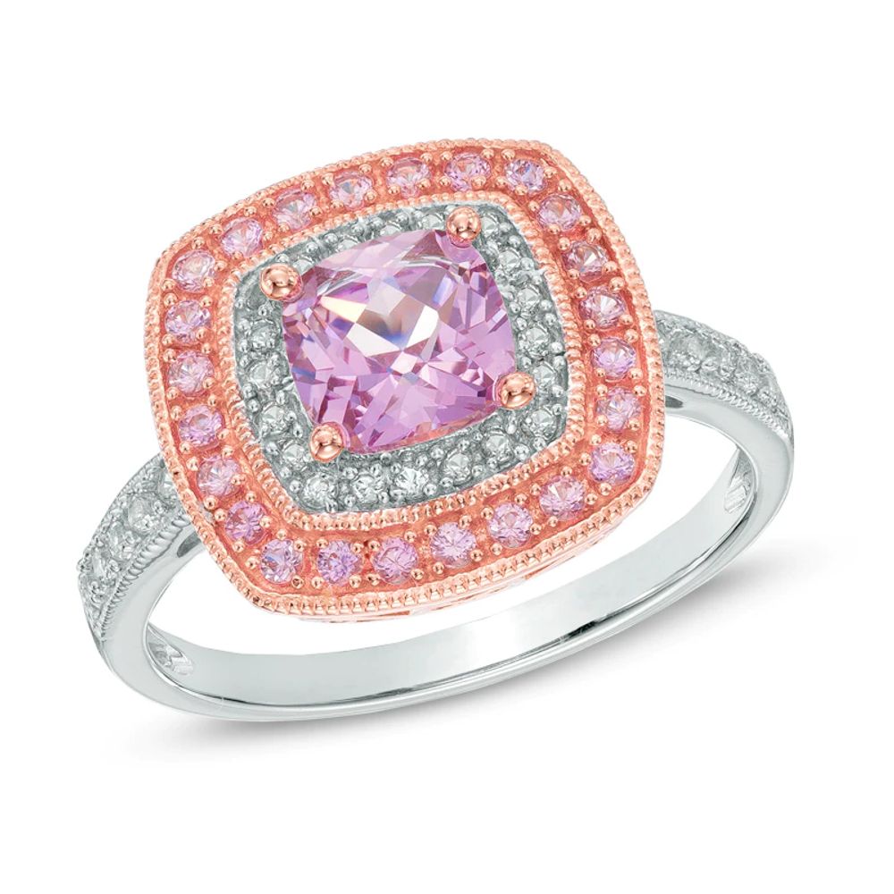 6.0mm Cushion-Cut Lab-Created Pink and White Sapphire Frame Ring in Sterling Silver with 14K Rose Gold Plate|Peoples Jewellers