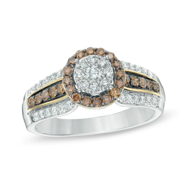 0.87 CT. T.W. Champagne and White Diamond Cluster Frame Engagement Ring in 14K Two-Tone Gold|Peoples Jewellers