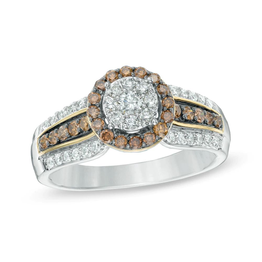 0.87 CT. T.W. Champagne and White Diamond Cluster Frame Engagement Ring in 14K Two-Tone Gold|Peoples Jewellers