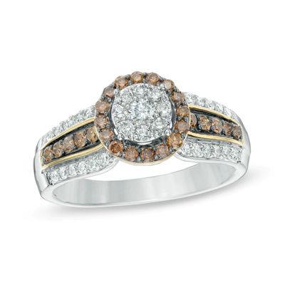 0.87 CT. T.W. Champagne and White Diamond Cluster Frame Engagement Ring in 14K Two-Tone Gold|Peoples Jewellers