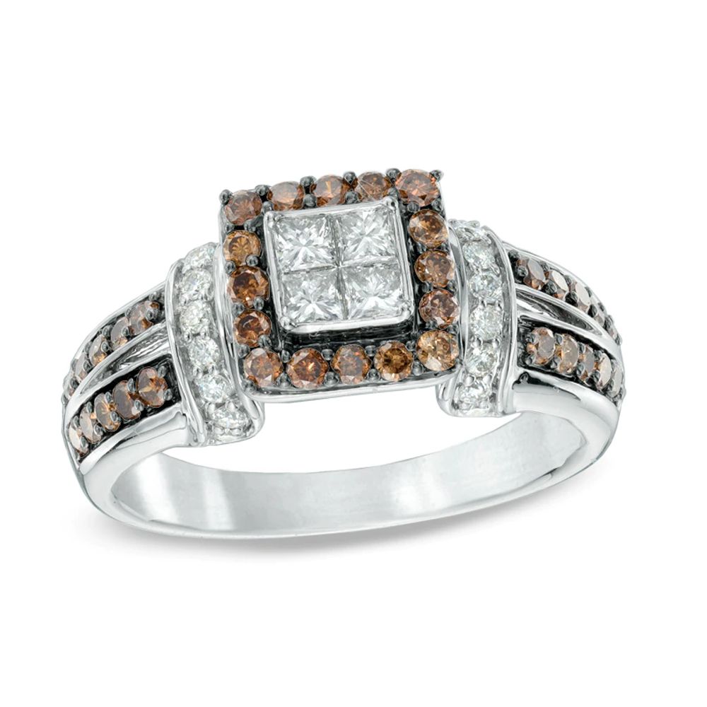 1.00 CT. T.W. Champagne and White Diamond Frame Collar Ring in 14K White Gold|Peoples Jewellers