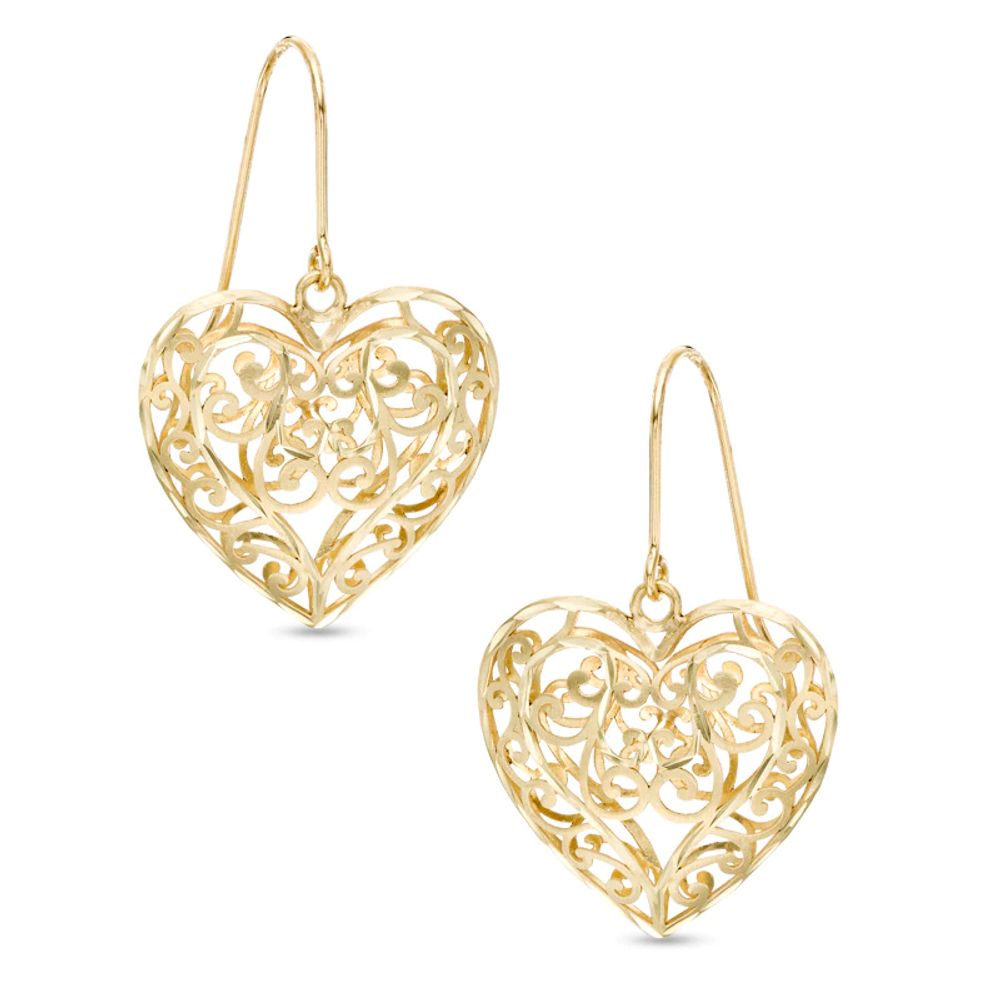 Diamond-Cut Filigree Swirl Heart Drop Earrings in 10K Gold|Peoples Jewellers