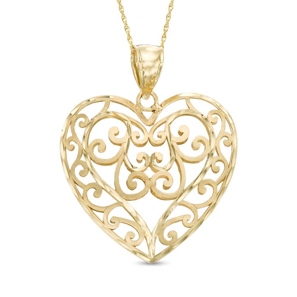 Diamond-Cut Filigree Swirl Heart Pendant in 10K Gold|Peoples Jewellers