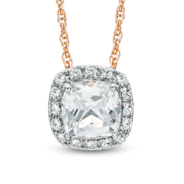 6.0mm Cushion-Cut Lab-Created White Sapphire Frame Pendant in Sterling Silver and 14K Rose Gold Plate|Peoples Jewellers