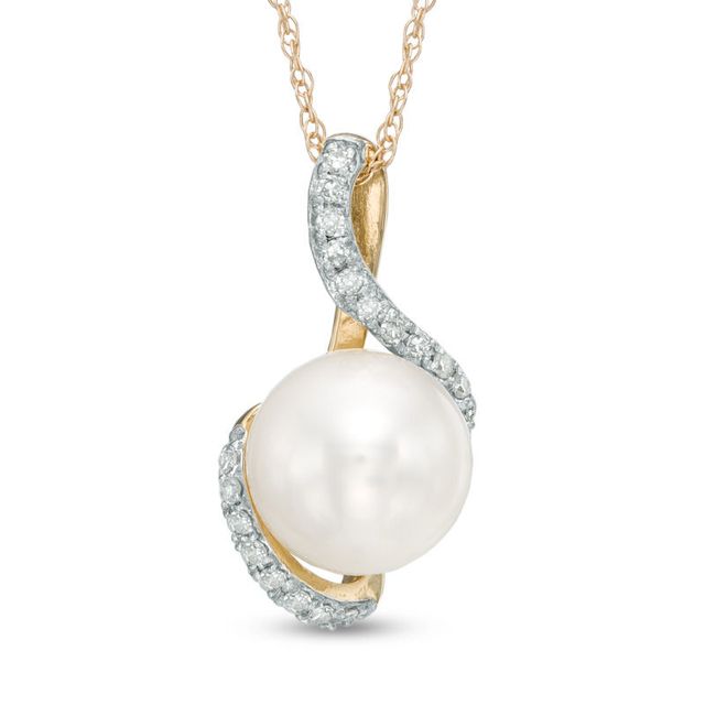 7.5 - 8.0mm Cultured Freshwater Pearl and Diamond Accent Swirl Pendant in 10K Gold|Peoples Jewellers