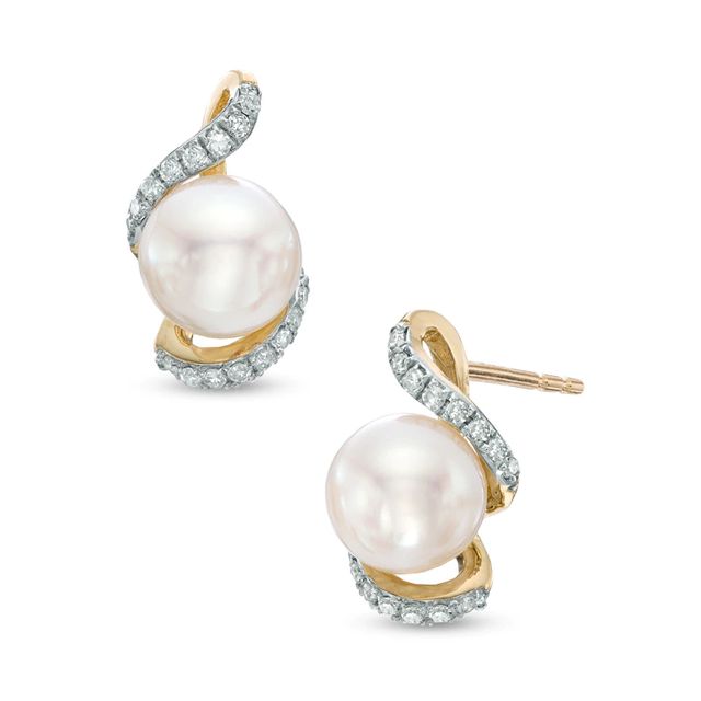 6.5-7.0mm Freshwater Cultured Pearl and Diamond Accent Swirl Earrings in 10K Gold|Peoples Jewellers