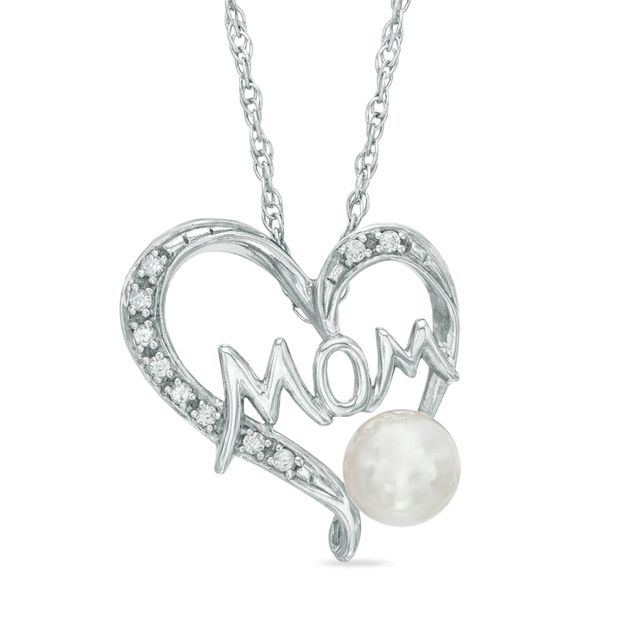 5.0-5.5mm Freshwater Cultured Pearl and Lab-Created White Sapphire  "MOM" Heart Pendant in Sterling Silver