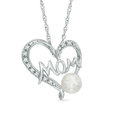 5.0-5.5mm Freshwater Cultured Pearl and Lab-Created White Sapphire  "MOM" Heart Pendant in Sterling Silver|Peoples Jewellers