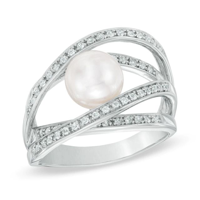 7.5-8.0mm Freshwater Cultured Pearl and Lab-Created White Sapphire Orbit Ring in Sterling Silver|Peoples Jewellers