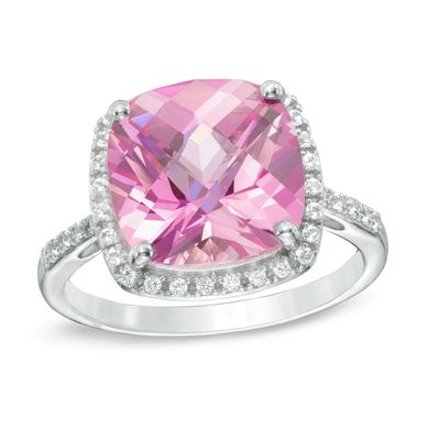 11.0mm Cushion-Cut Lab-Created Pink and White Sapphire Frame Ring in Sterling Silver|Peoples Jewellers