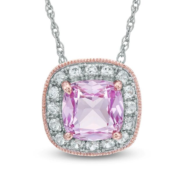 7.0mm Cushion-Cut Lab-Created Pink and White Sapphire Frame Pendant in Sterling Silver with 14K Rose Gold Plate|Peoples Jewellers