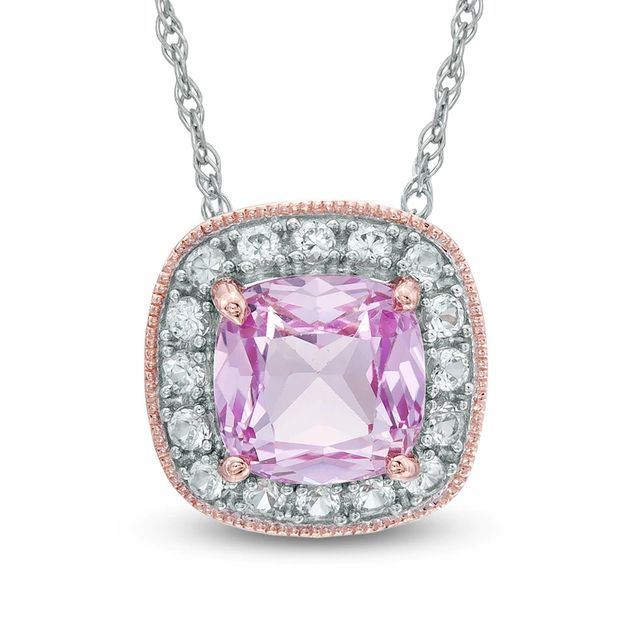 7.0mm Cushion-Cut Lab-Created Pink and White Sapphire Frame Pendant in Sterling Silver with 14K Rose Gold Plate