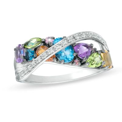 Multi-Gemstone and Lab-Created White Sapphire Cross-Over Ring in Sterling Silver|Peoples Jewellers