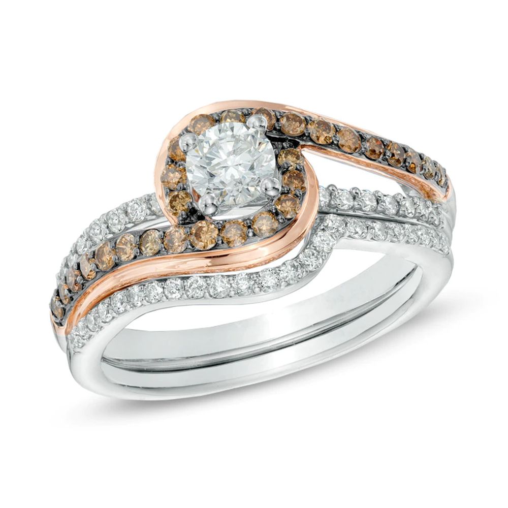 1.00 CT. T.W. Champagne and White Diamond Swirl Bridal Set in 14K Two-Tone Gold|Peoples Jewellers