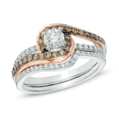 1.00 CT. T.W. Champagne and White Diamond Swirl Bridal Set in 14K Two-Tone Gold|Peoples Jewellers