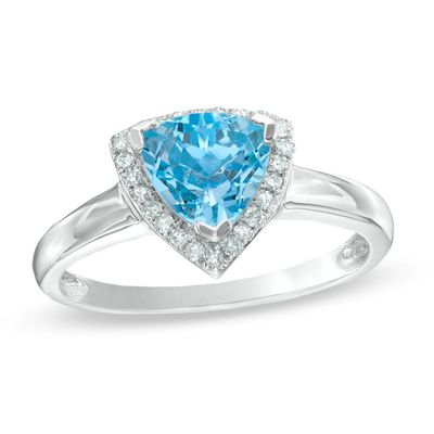 7.0mm Trillion-Cut Swiss Blue Topaz and Lab-Created White Sapphire Frame Ring in Sterling Silver|Peoples Jewellers
