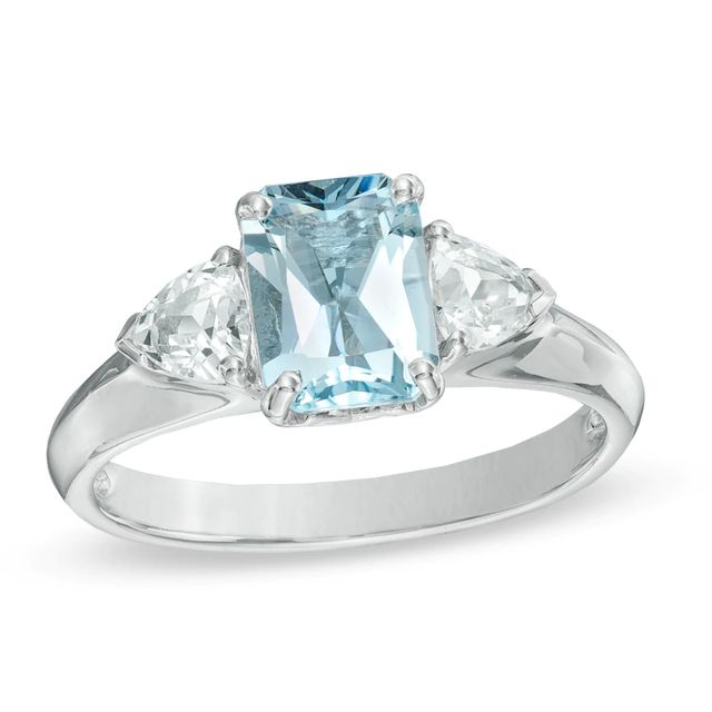 Emerald-Cut Aquamarine and Lab-Created White Sapphire Ring in 10K White Gold|Peoples Jewellers
