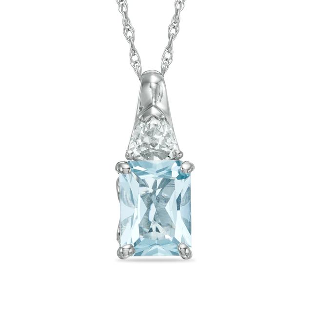 Emerald-Cut Aquamarine and Lab-Created White Sapphire Pendant in 10K White Gold