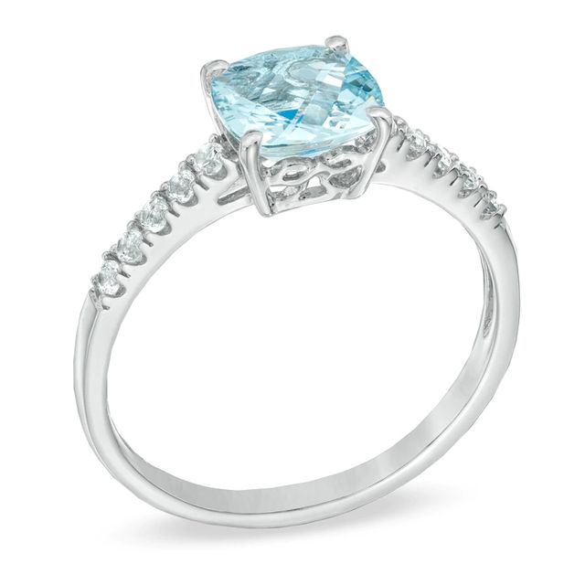 7.0mm Cushion-Cut Aquamarine and Lab-Created White Sapphire Ring in Sterling Silver|Peoples Jewellers
