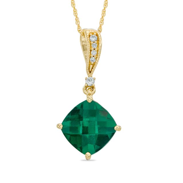 8.0mm Cushion-Cut Lab-Created Emerald and Diamond Accent Pendant in 10K Gold|Peoples Jewellers