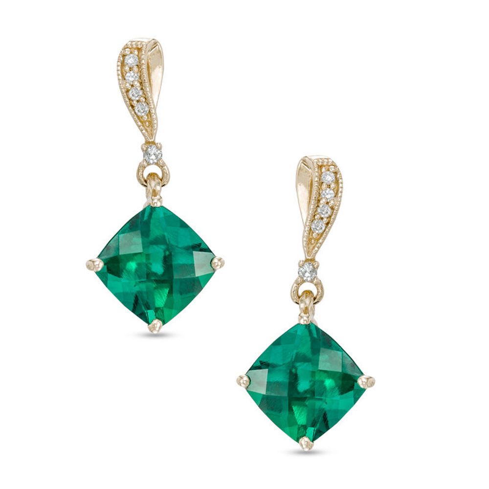 7.0mm Cushion-Cut Lab-Created Emerald and Diamond Accent Drop Earrings in 10K Gold|Peoples Jewellers