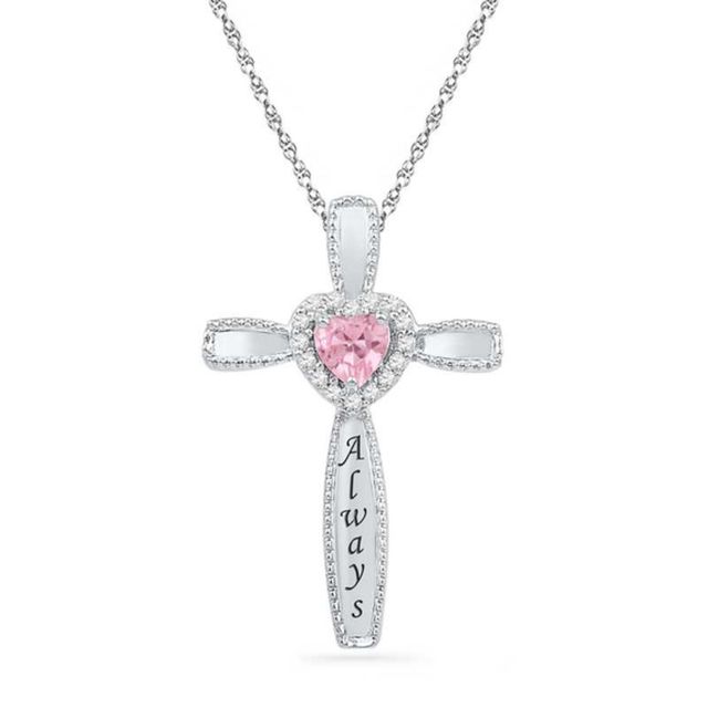 Heart-Shaped Lab-Created Pink Sapphire and Diamond Accent Cross Pendant in Sterling Silver (6 Characters)