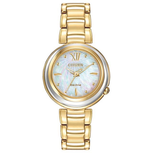 Ladies' Citizen Eco-Drive® Sunrise Gold-Tone Watch with Mother-of-Pearl Dial (Model: EM0334-54D)