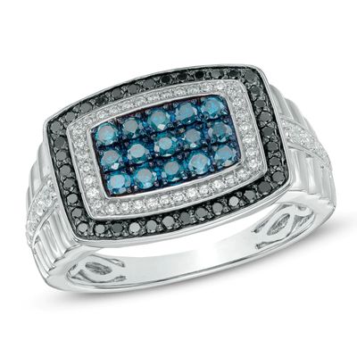 Men's 1.00 CT. T.W. Enhanced Black, Blue and White Diamond Ring in 10K White Gold|Peoples Jewellers