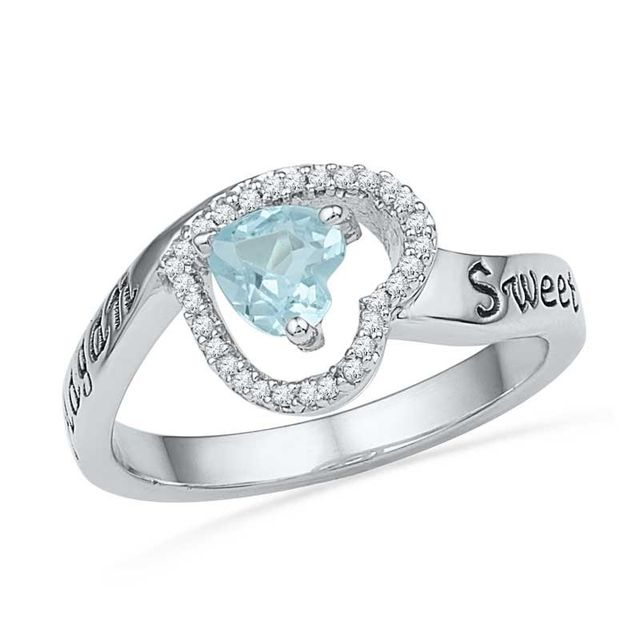 5.5mm Heart-Shaped Aquamarine and 1/10 CT. T.W. Diamond Heart Promise Ring in Sterling Silver (2 Names)|Peoples Jewellers