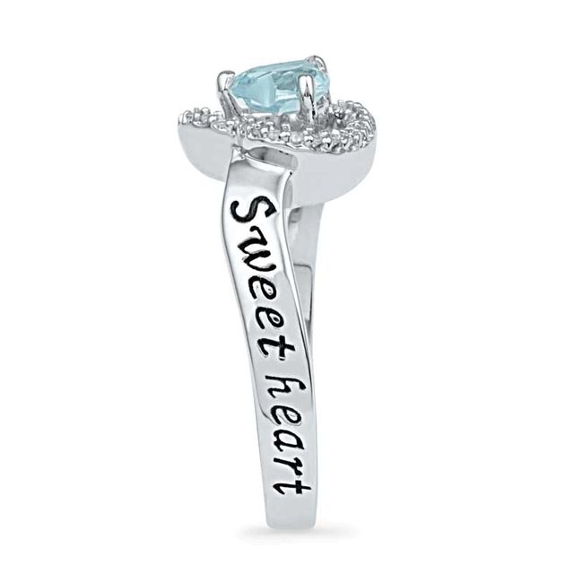 5.5mm Heart-Shaped Aquamarine and 1/10 CT. T.W. Diamond Heart Promise Ring in Sterling Silver (2 Names)|Peoples Jewellers