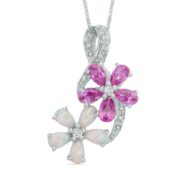 Pear-Shaped Lab-Created Opal, Pink and White Sapphire Flower Pendant in Sterling Silver