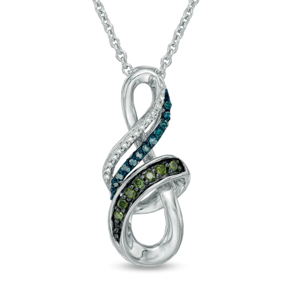 0.10 CT. T.W. Enhanced Blue, Green and White Diamond Ribbon Wrapped Infinity Pendant in Sterling Silver|Peoples Jewellers