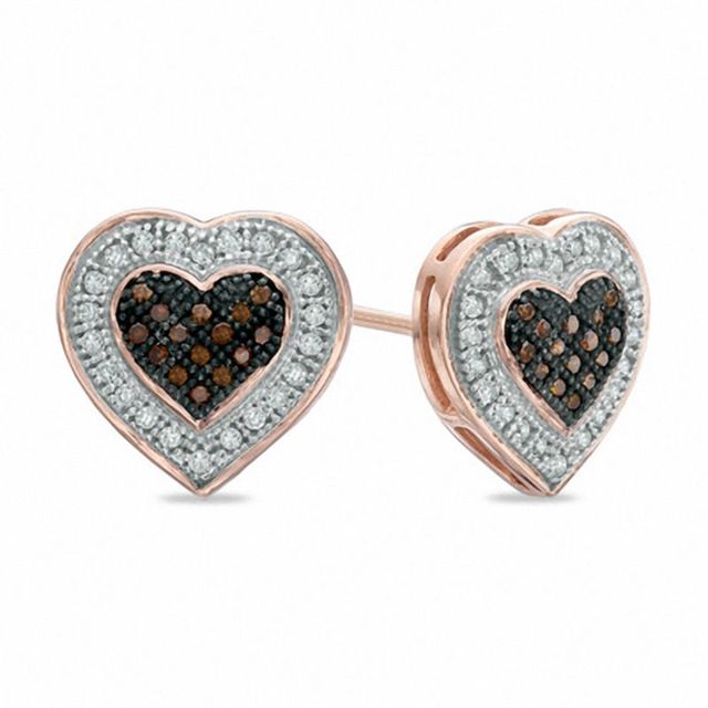 0.20 CT. T.W. Enhanced Cognac and White Diamond Heart Frame Stud Earrings in 10K Rose Gold|Peoples Jewellers
