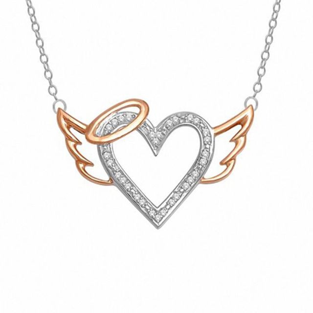 Diamond Accent Heart with Wings and Halo Pendant in Sterling Silver and 10K Rose Gold|Peoples Jewellers