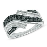 0.50 CT. T.W. Enhanced Black and White Diamond Layered Bypass Ring in Sterling Silver|Peoples Jewellers