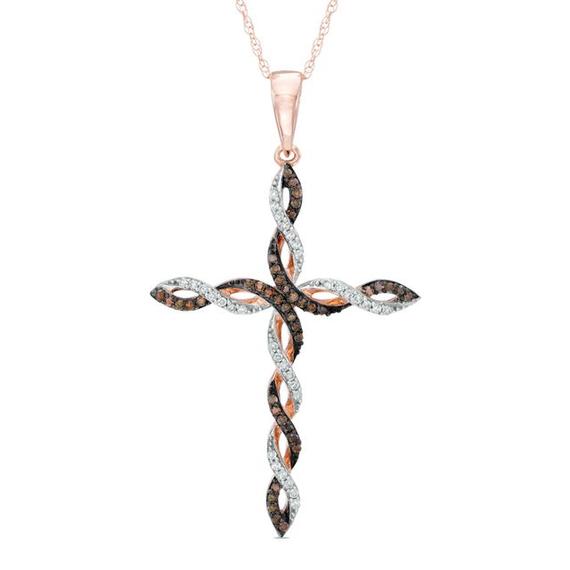 0.18 CT. T.W. Enhanced Cognac and White Diamond Braid Cross Pendant in 10K Rose Gold|Peoples Jewellers