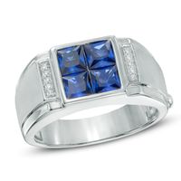 Men's Square-Cut Lab-Created Blue Sapphire and Diamond Accent Quad Ring in Sterling Silver|Peoples Jewellers