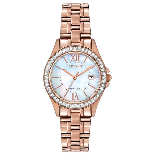 Ladies' Citizen Eco-Drive® Crystal Watch with Mother-of-Pearl Dial (Model: EW1843-52D)|Peoples Jewellers