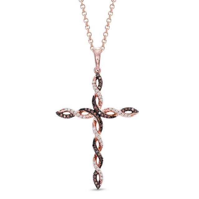 0.16 CT. T.W. Enhanced Cognac and White Diamond Twisting Cross Pendant in 10K Rose Gold|Peoples Jewellers