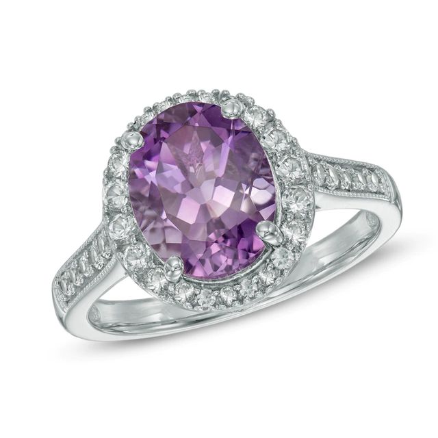 Oval Amethyst and Lab-Created White Sapphire Frame Ring in Sterling Silver