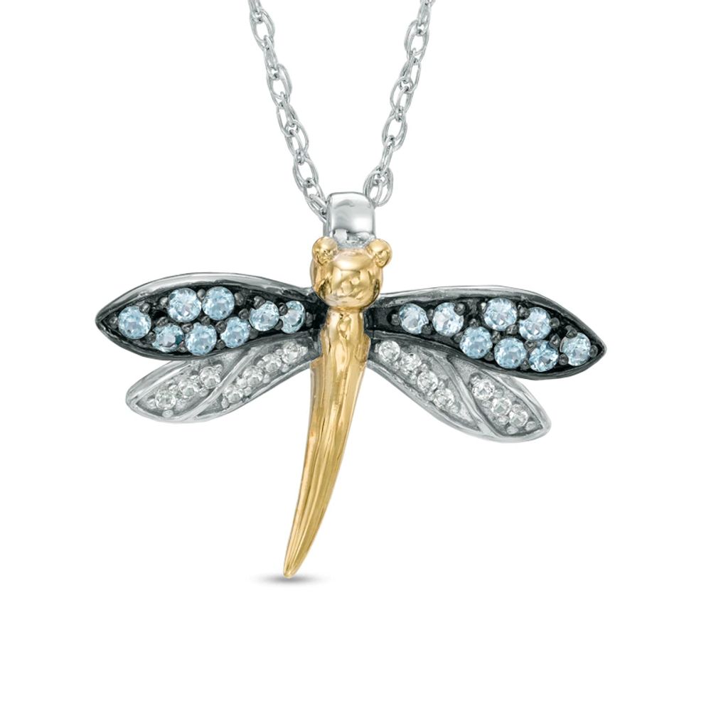 Blue Topaz and Lab-Created White Sapphire Dragonfly Pendant in Sterling Silver with 14K Gold Plate|Peoples Jewellers