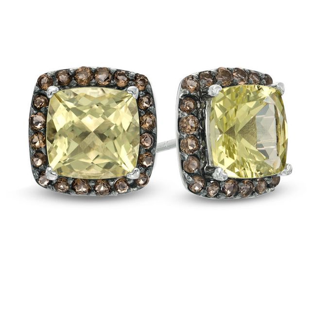 9.0mm Cushion-Cut Lemon Quartz and Smoky Quartz Frame Stud Earrings in Sterling Silver|Peoples Jewellers