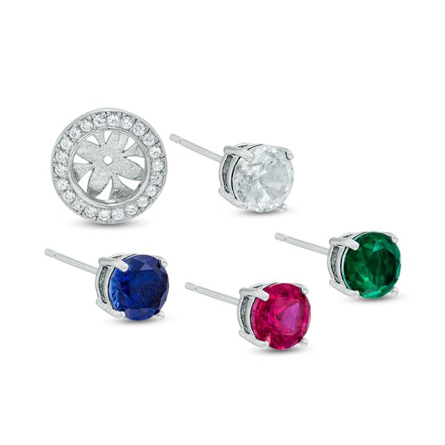 Multi-Gemstone and Lab-Created  White Sapphire Frame Stud Earrings Set in Sterling Silver|Peoples Jewellers