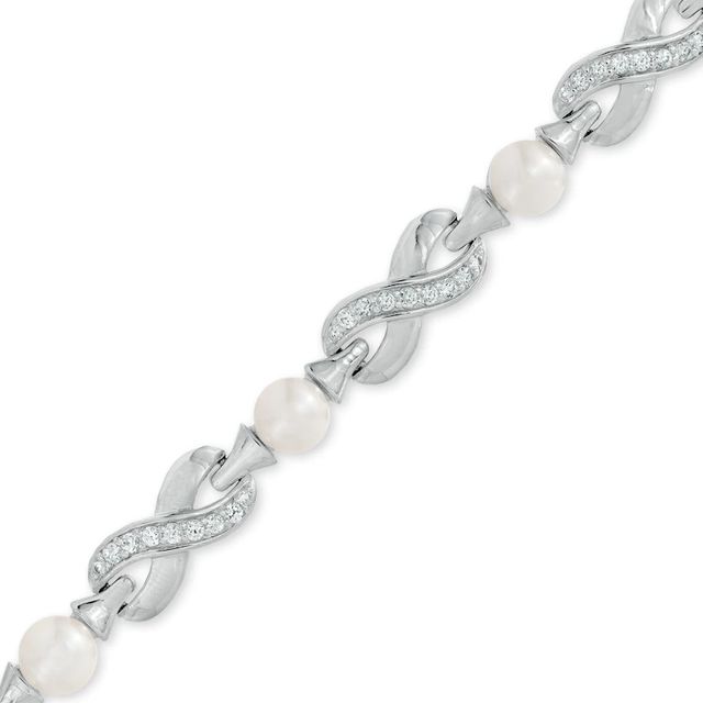 5.5-6.0mm Freshwater Cultured Pearl and Lab-Created White Sapphire Infinity Bracelet in Sterling Silver-7.75"|Peoples Jewellers