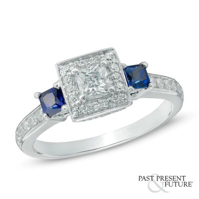 0.45 CT. T.W. Princess-Cut Diamond and Blue Sapphire Past Present Future Ring in 14K White Gold|Peoples Jewellers