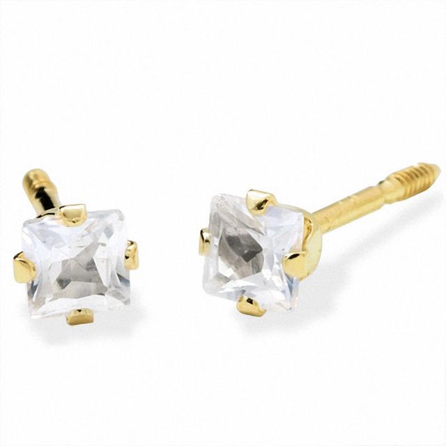 Child's 3.0mm Princess-Cut Lab-Created White Sapphire Earrings in 14K Gold|Peoples Jewellers