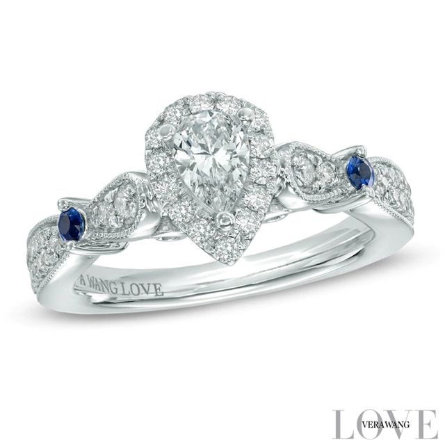 Vera Wang Love Collection 0.58 CT. T.W. Pear-Shaped Diamond and Blue Sapphire Ring in 14K White Gold|Peoples Jewellers