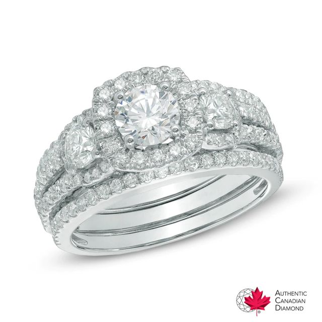 1.56 CT. T.W. Certified Canadian Diamond Three Stone Frame Engagement Ring in 14K White Gold (I/I2)|Peoples Jewellers